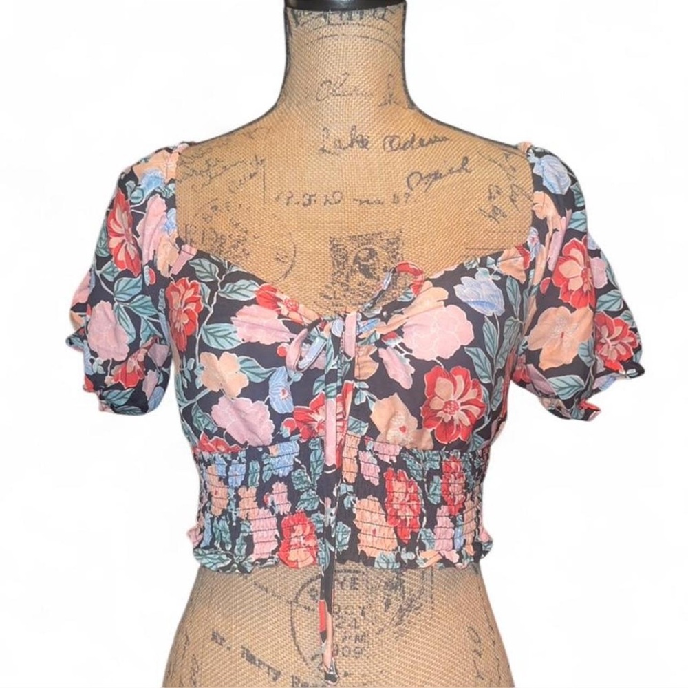 Bog Collective Floral Smocked Crop Top Tie Front Cottagecore Coquette Size M